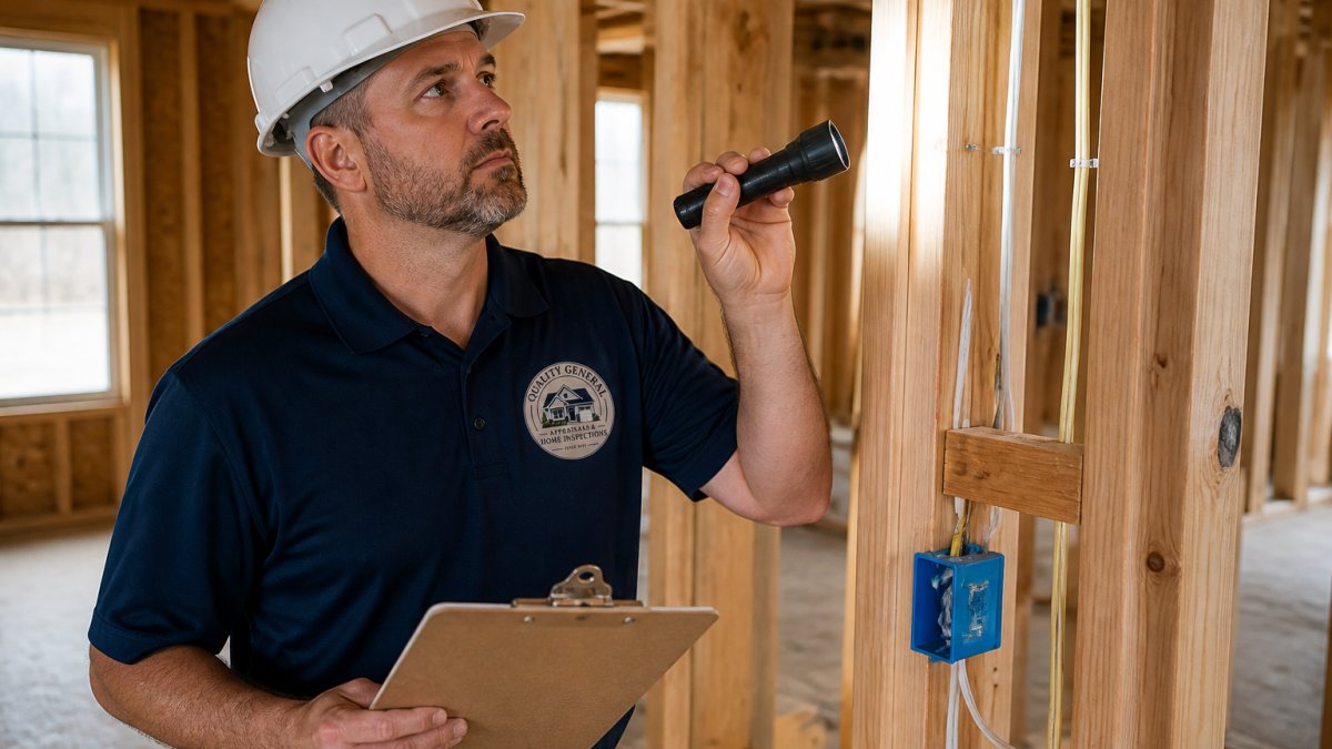 A professional home inspector in a hard hat examining exposed framing and electrical wiring inside a new construction home, holding a clipboard and flashlight