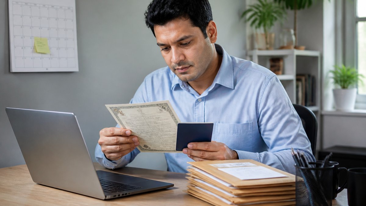 A person at a home desk reviewing a birth certificate and passport beside a laptop and a stack of envelopes, with a wall calendar in the background