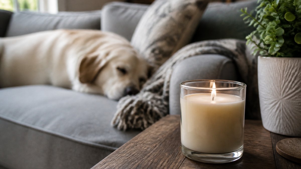 A lit soy-blend candle in a glass jar on a wooden side table in a cozy living room, with a dog resting on a sofa in the soft background