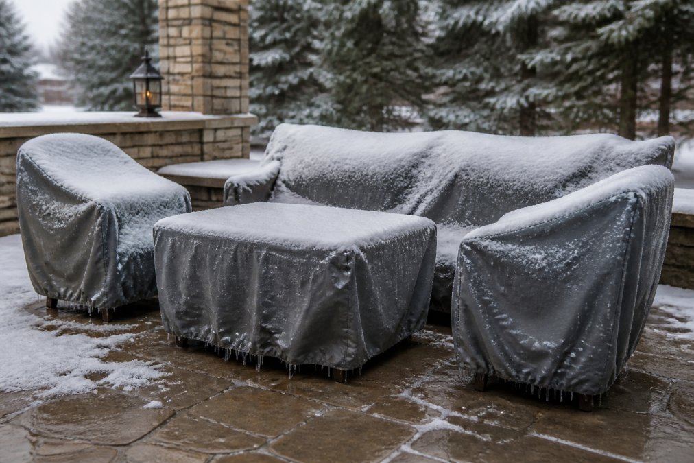 Outdoor patio furniture with waterproof covers draped over chairs and a table during winter, showing snow and ice accumulation on the covers while the furniture remains protected underneath