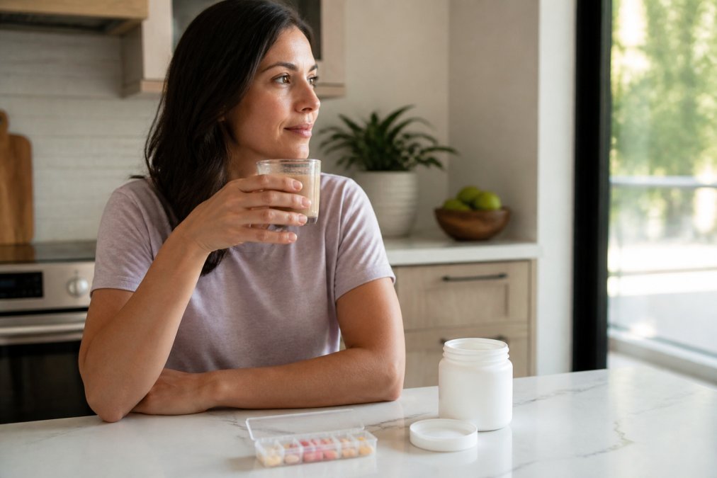 A woman in her mid-30s at a bright kitchen counter, holding a small glass of a powdered supplement drink while a pill organizer and an open supplement jar sit nearby