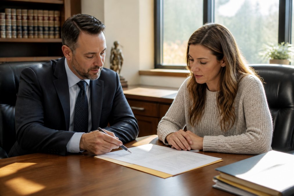 Attorney and client sitting at a desk in a professional law office, reviewing documents together with a fee agreement visible, natural office lighting coming through windows