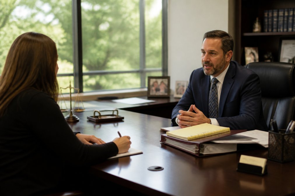 Prospective client sitting across from attorney at desk in modern law office, taking notes during consultation, soft natural lighting from office windows