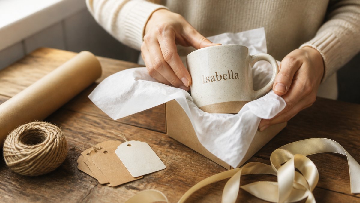 Close-up of hands wrapping a personalized mug with a name engraved on it, gift tags and ribbon on a wooden table, soft morning light