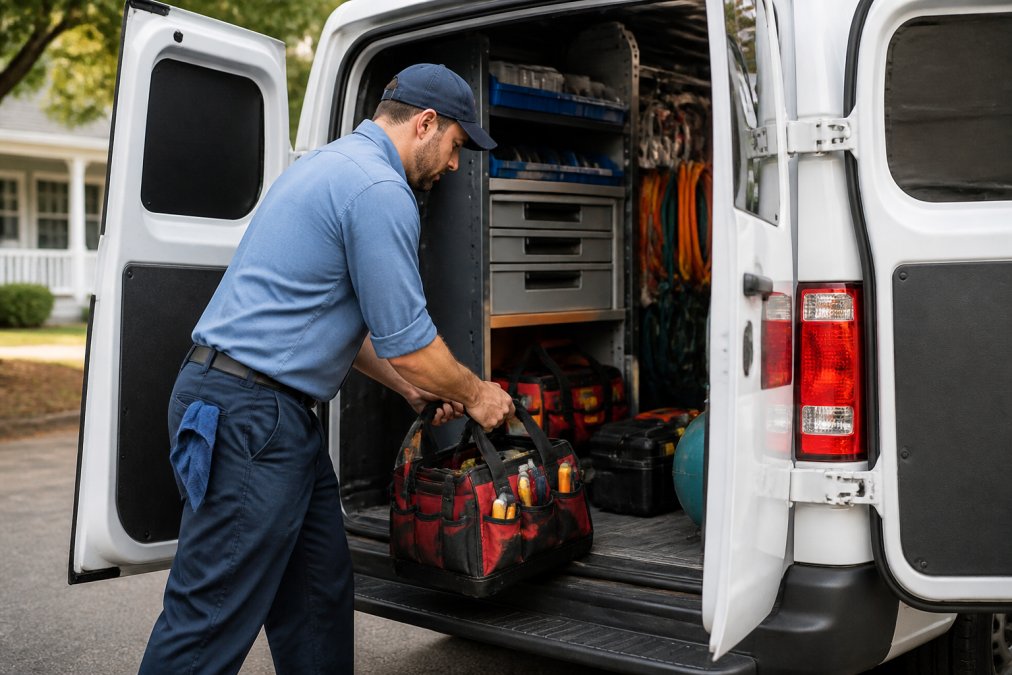 Certified plumber loading professional tools and diagnostic equipment into a well-organized service van with multiple compartments and storage drawers