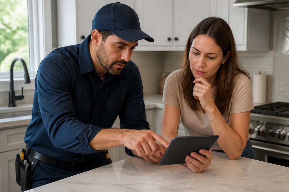 Homeowner and professional plumber reviewing itemized plumbing invoice on tablet together in residential kitchen, discussing line items and costs