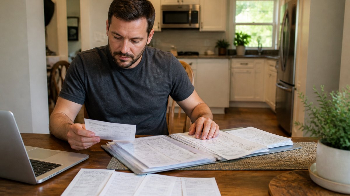 A car owner at a kitchen table spreading out a folder of oil change receipts and service invoices next to a laptop, organizing maintenance paperwork before listing the vehicle for sale