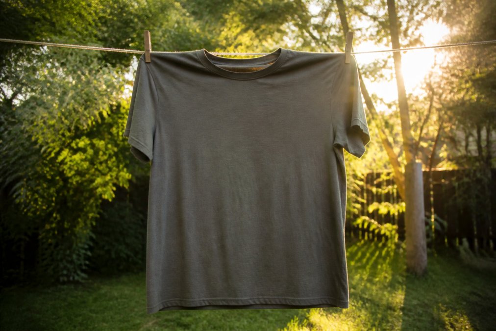 Premium heavyweight t-shirt hanging on a clothesline to air dry outdoors with natural golden sunlight streaming through, draped evenly with no wrinkles