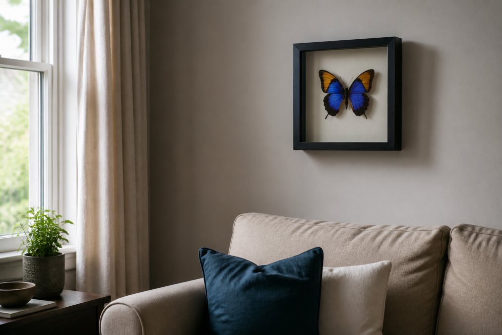 A framed butterfly specimen hanging on a living room wall, positioned away from a bright window, illuminated by soft diffused natural light