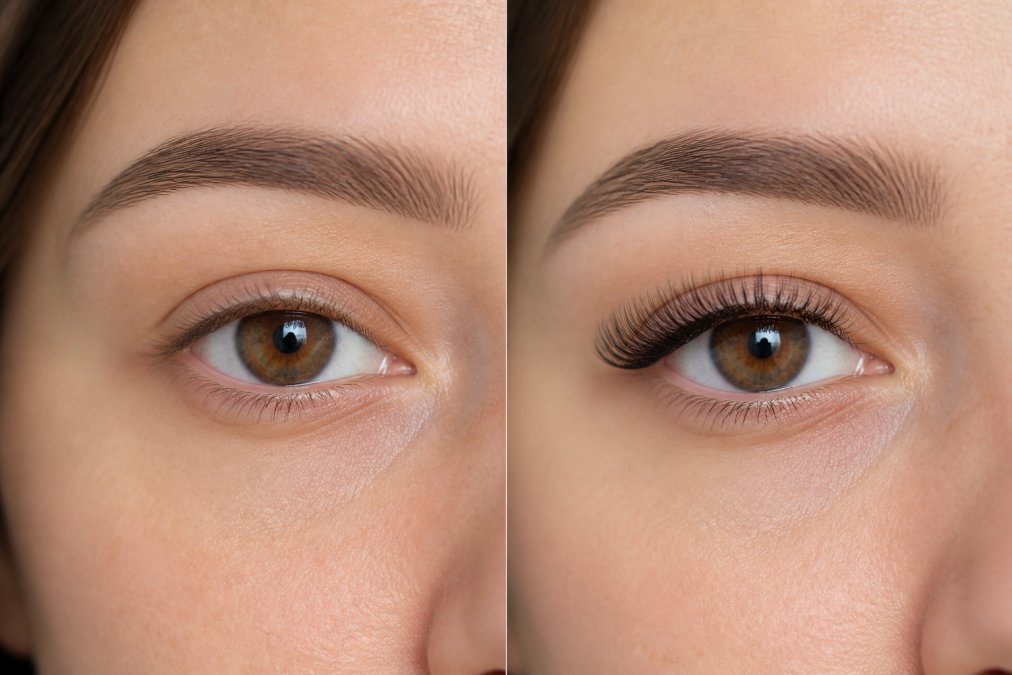 Before-and-after close-up of an eye showing seamlessly blended press-on lashes integrated with natural lashes using the under-lash technique, demonstrating the final result of proper application