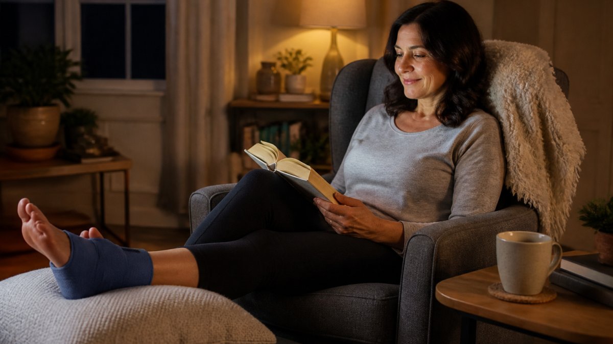 Person resting comfortably in a chair with a soft fabric compression band secured around their foot.