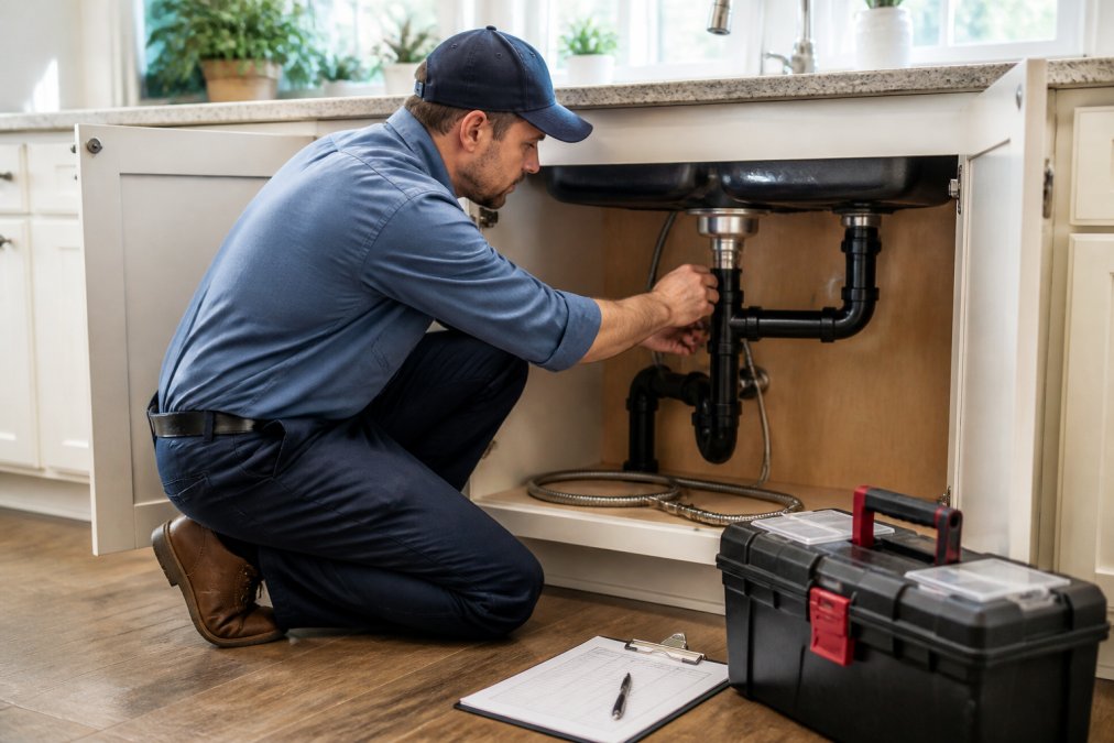 A professional handyman in uniform kneeling to fix a kitchen faucet under a sink in a bright home, with a toolbox and work order clipboard nearby
