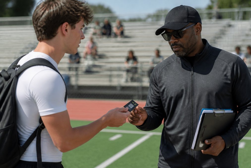 High school athlete handing a professional QR business card to a college coach at a recruiting showcase, both focusing on the card with stadium bleachers in soft focus background