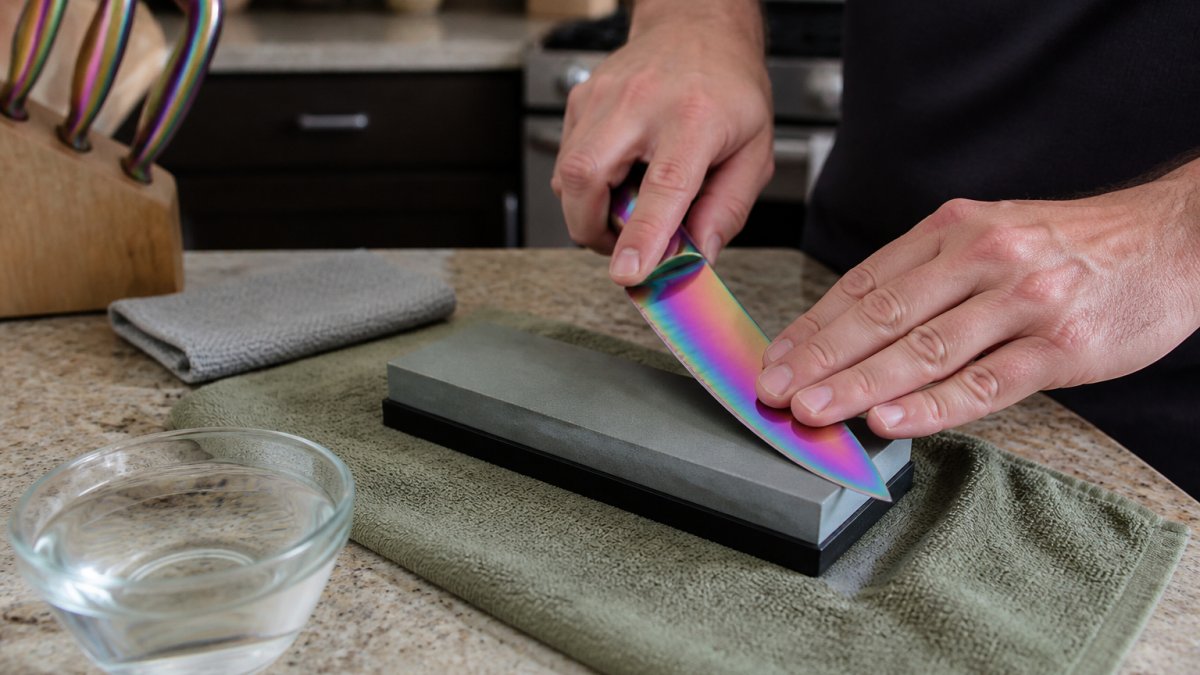 Hands holding a rainbow titanium knife at a 20-degree angle against a whetstone on a kitchen counter