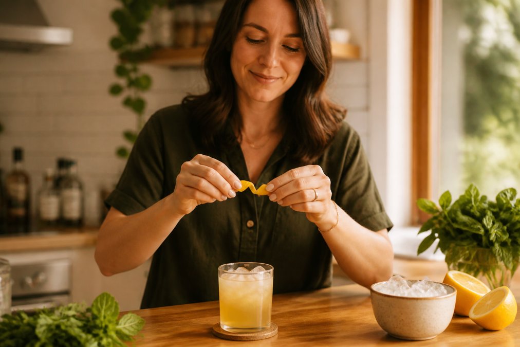 A host carefully peeling a lemon twist over a chilled glass filled with a ready-made cocktail, natural kitchen lighting illuminating the citrus oils, with fresh herbs and ice visible on the counter