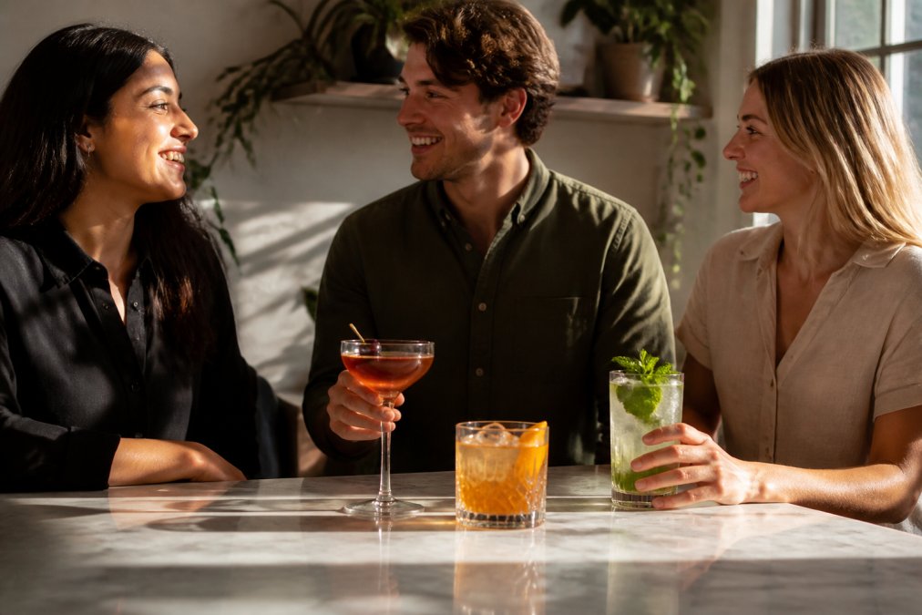 Three different cocktail glasses arranged on a marble counter displaying an elegant ready-made cocktail in each style, a coupe glass with a cherry garnish, a crystal tumbler with ice and citrus, and a highball glass with fresh mint, morning light streaming across the scene