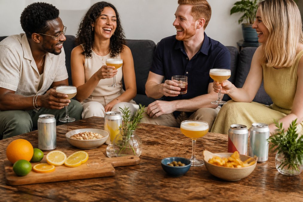 A styled flat-lay of premium bottled ready-to-drink cocktails arranged on a wooden surface with fresh citrus fruit, ice cubes, and a linen cloth in warm natural light