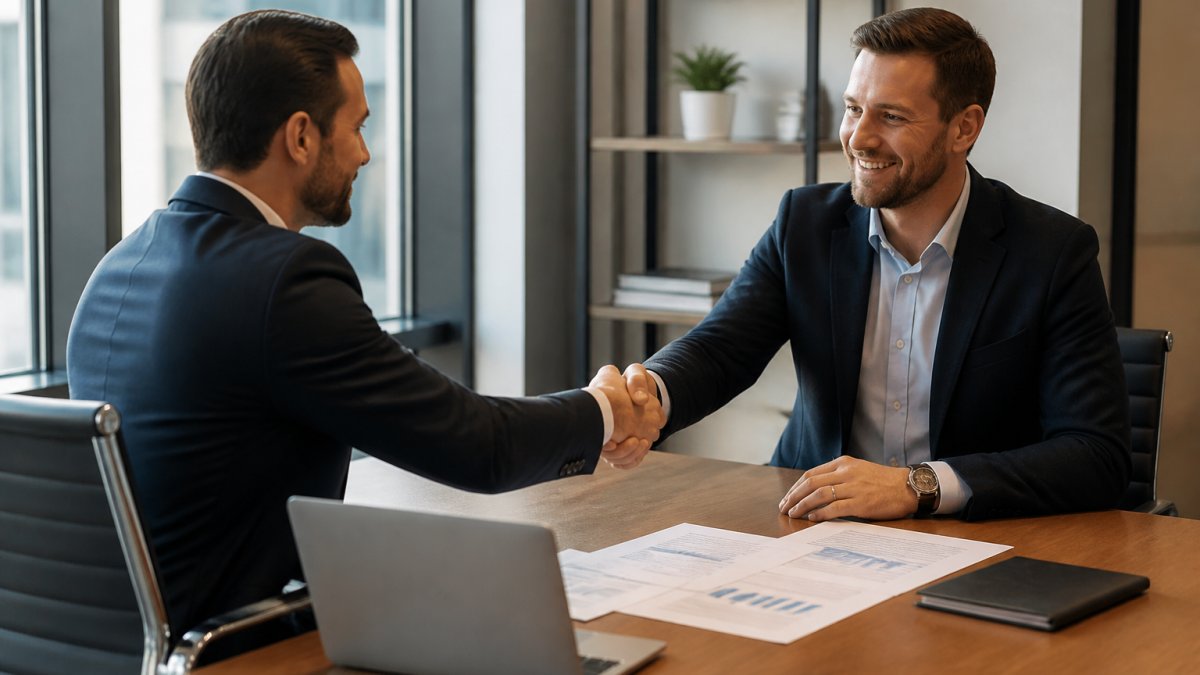 Two financial professionals shaking hands across a desk in a modern office, a laptop and printed documents between them, soft daylight through a window, suggesting a recruiting meeting