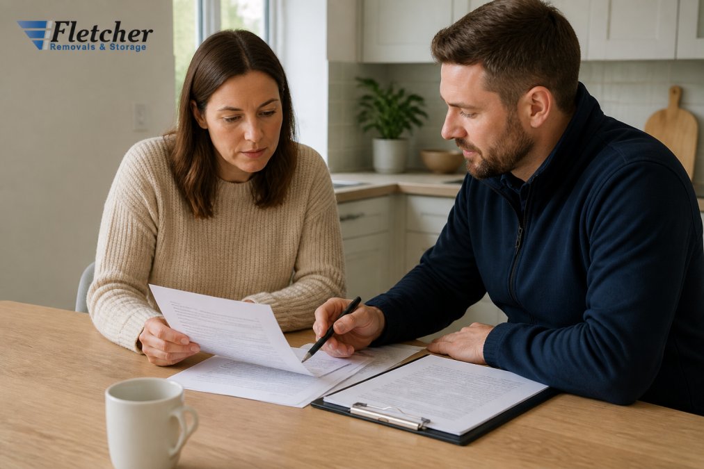 A customer sitting at a kitchen table reviewing insurance documents with a removals company representative, clipboard and paperwork visible, natural daylight