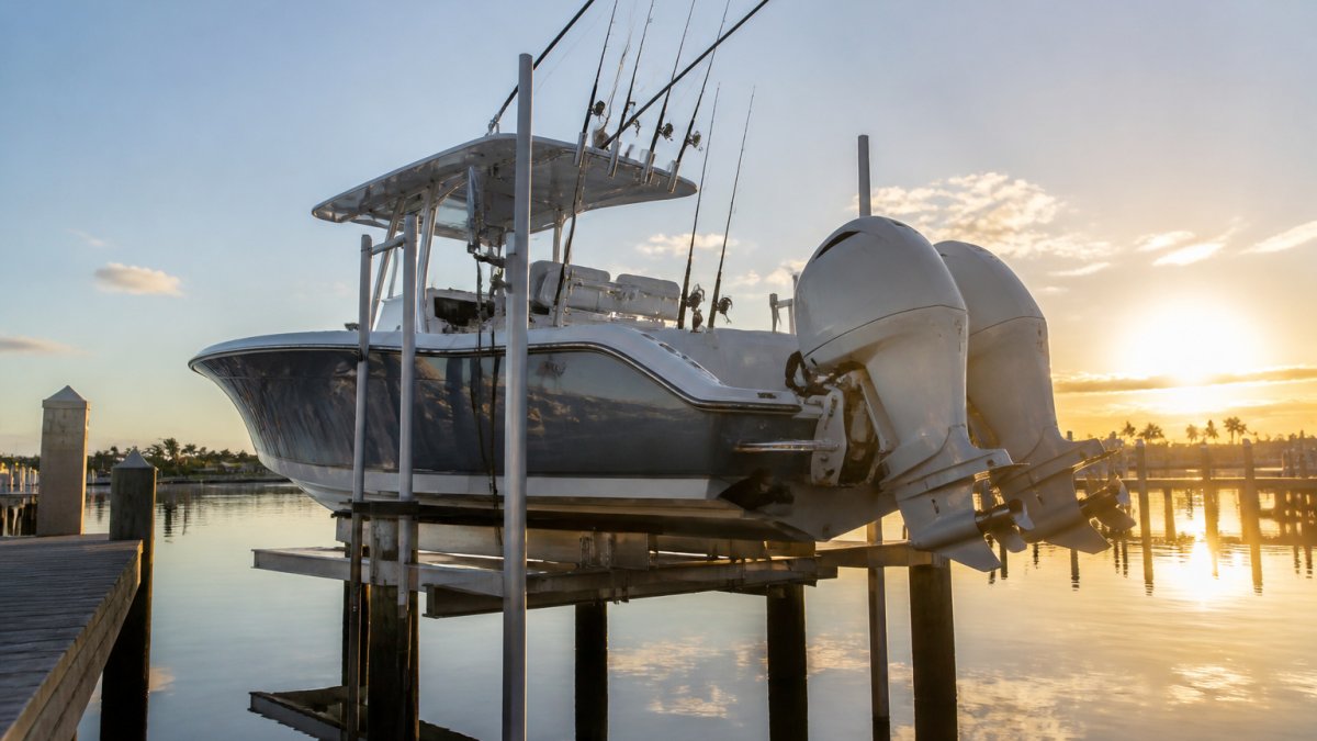 Center console saltwater fishing boats on a marina lift at sunrise with twin outboards and fishing gear.