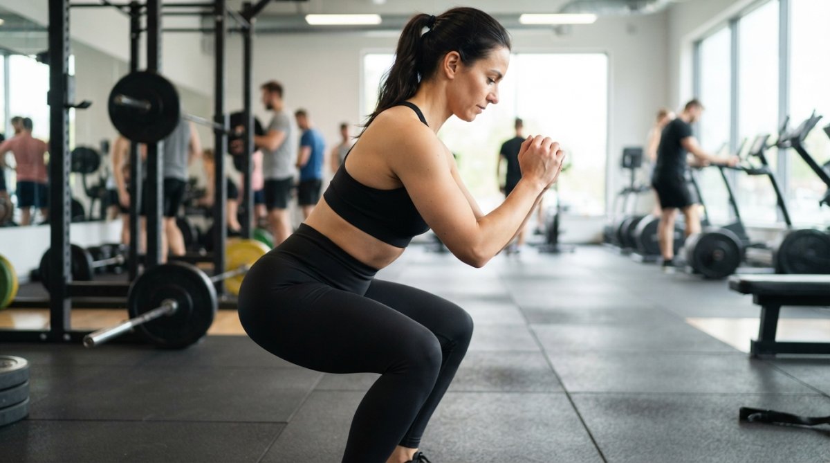 Woman performing a deep squat in high-waisted black gym leggings, showing secure fit at waistband and flattering contoured silhouette during intense lower-body movement in bright gym setting