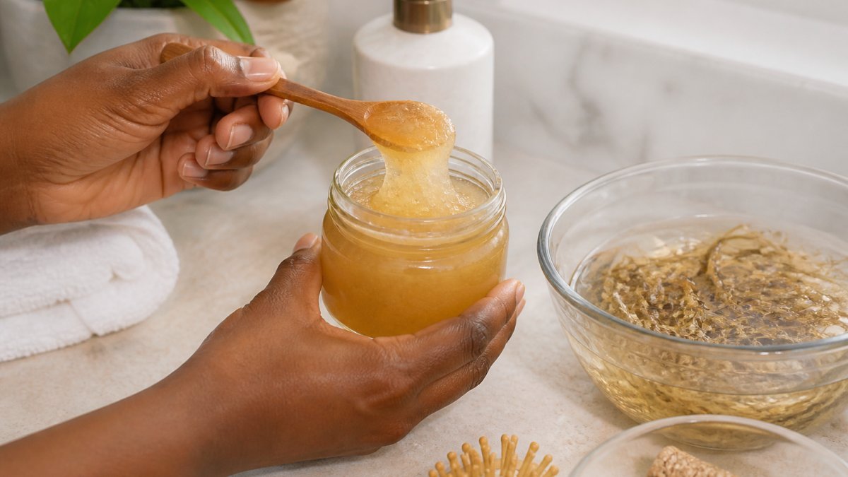Hands scooping amber sea moss gel from a glass jar with a wooden spoon on a bathroom counter