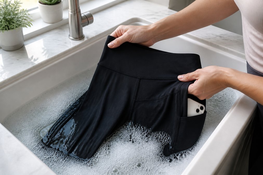 Hands gently placing compression leggings into a sink filled with cold water and mild detergent, with soft natural light from a window illuminating the delicate fabric and soap suds