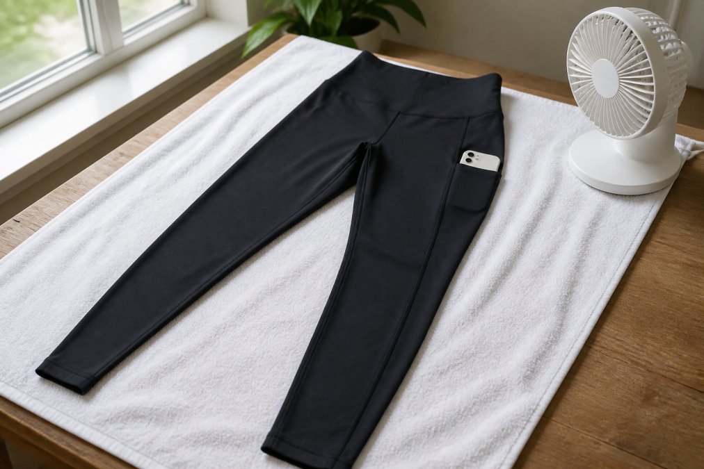 Pair of compression leggings laid flat on a white cotton towel on a wooden surface indoors, with a small fan positioned nearby to circulate air, natural window light visible in background