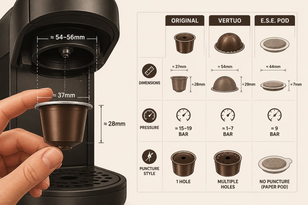 Close-up of a hand holding a single-serve coffee capsule beside a modern espresso machine, showing the capsule size compared to the brew chamber opening