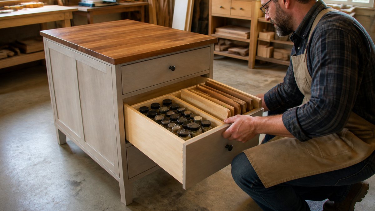 Diagram detailing internal storage layouts for a custom small kitchen island with deep spice and board drawers.