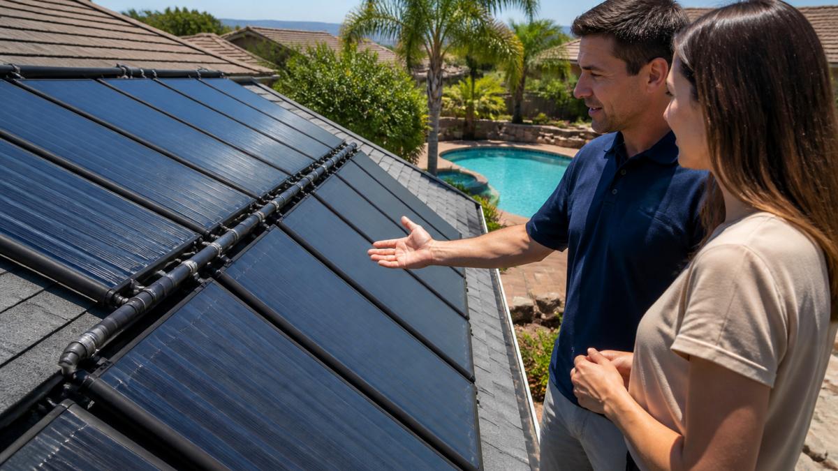 Homeowner and real estate agent inspecting solar pool heating panels installed on residential home roof, with swimming pool visible in background during bright daytime