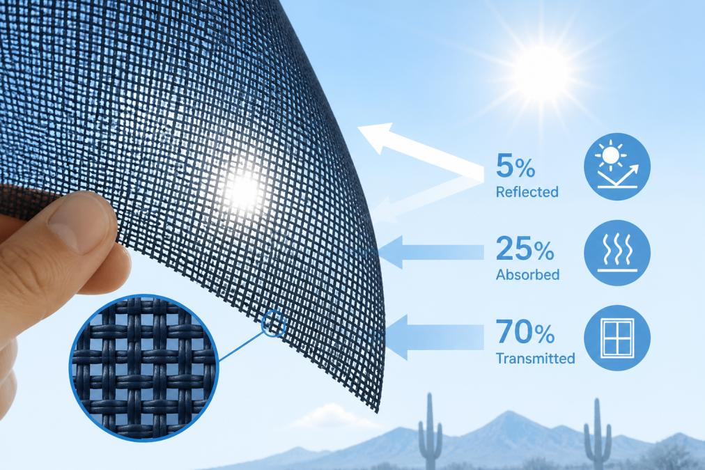 Professional illustration showing solar screens lower energy bills