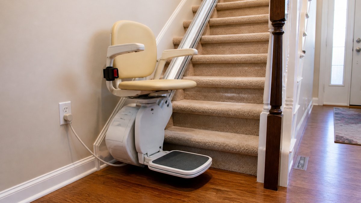 Stairlift installed on a carpeted staircase with its charging cord plugged into a wall outlet near the bottom landing.