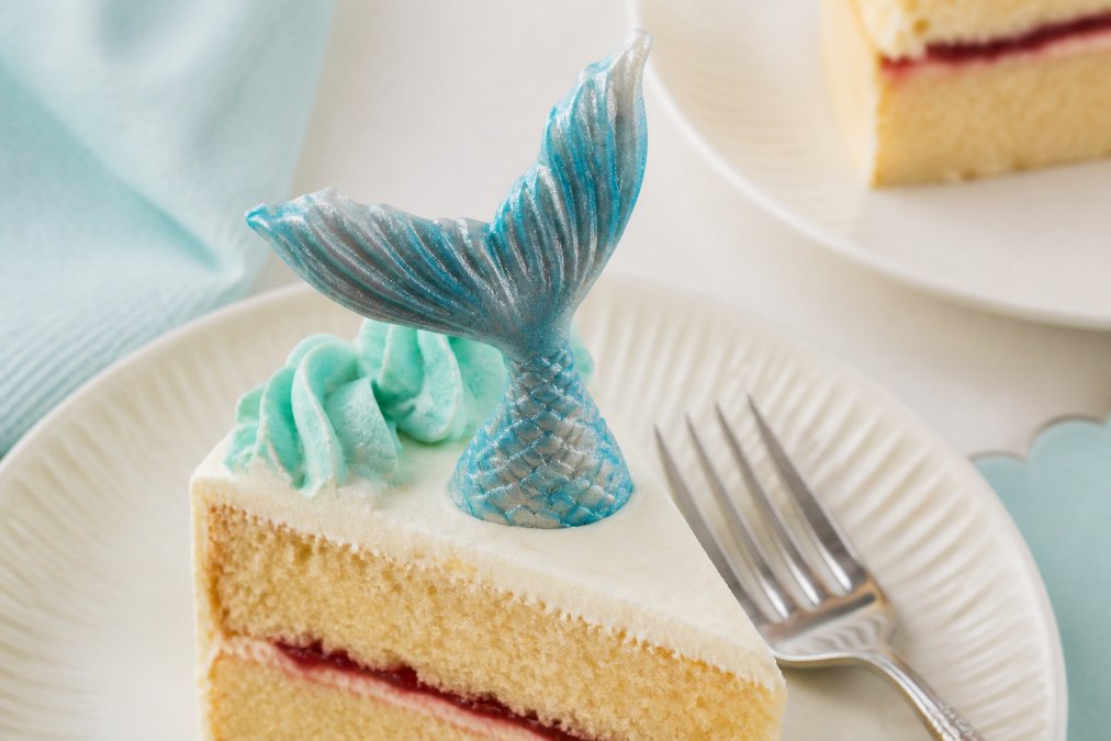 Close-up of a slice of layered cake with a handmade sugar paste mermaid tail topper in shimmering blue and silver, positioned on creamy frosting, with a fork resting beside it ready to taste