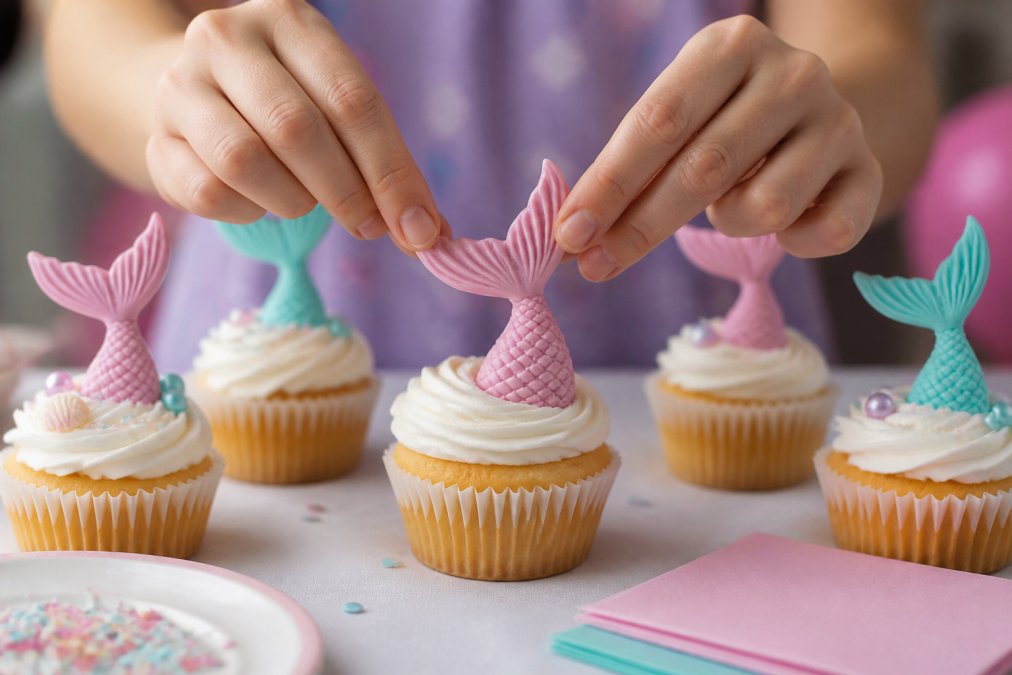 Hands carefully placing a vibrant sugar paste mermaid tail topper onto a frosted vanilla cupcake at a children's birthday party, with other decorated cupcakes visible in soft-focus background and coloured napkins nearby