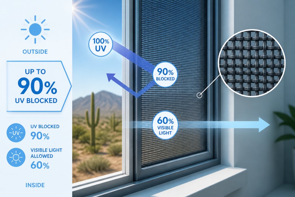 Close-up of fine-weave solar mesh screen material showing detailed textile pattern with sunlight filtering through, mounted on residential window frame in bright Arizona sunlight