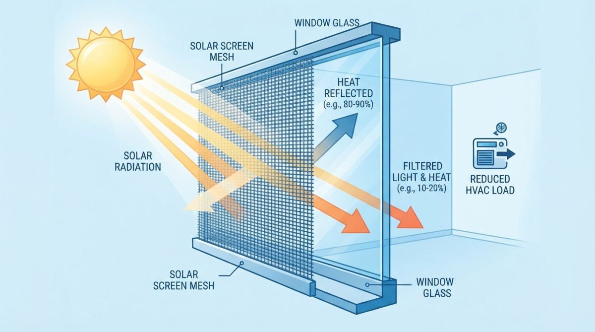 Close-up of solar screen mesh material held up to sunlight, showing how the fabric filters and diffuses solar radiation through a window opening
