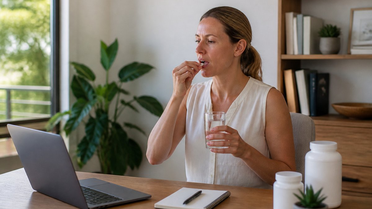 Professional at a bright home office desk taking a daily supplement with water