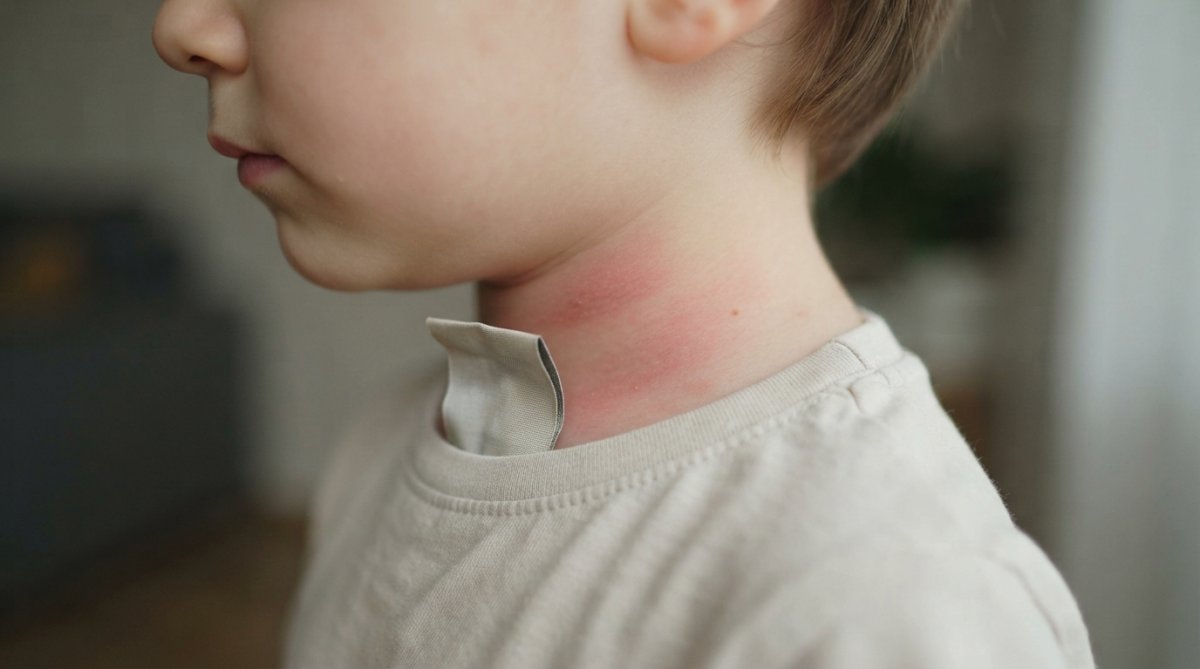 Close-up of a child's neck and shoulder area showing irritation from a traditional clothing tag pressed against sensitive skin, with visible redness and discomfort on pale skin tone, photographed in natural window lighting