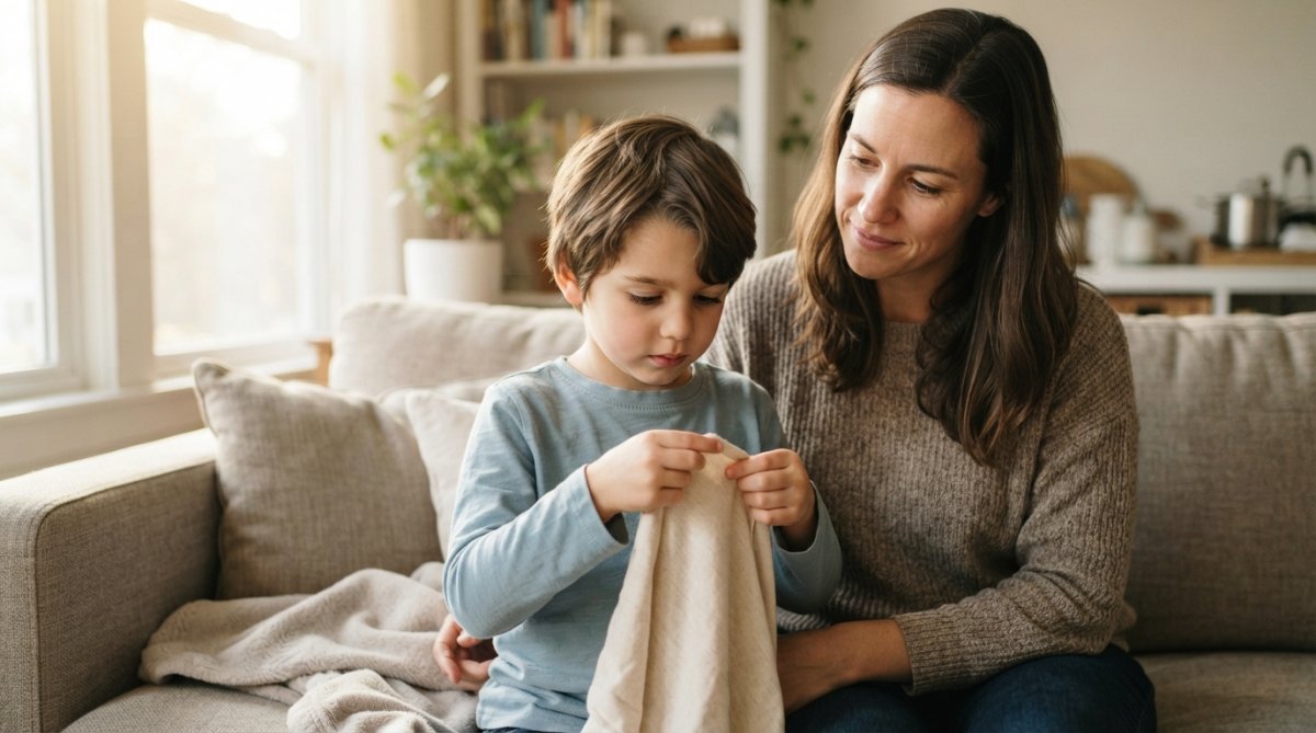 Parent and child sitting together on a couch, child holding and examining soft bamboo fabric between their fingers, feeling the texture with concentrated attention while parent watches supportively, natural afternoon sunlight from nearby window