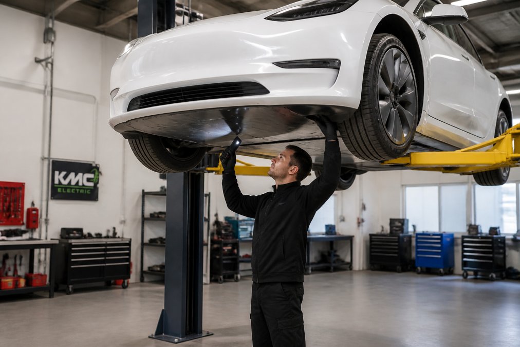A mechanic in clean workwear inspecting the underside of a Tesla Model 3 on a vehicle lift in a tidy independent garage, with diagnostic equipment visible in the background