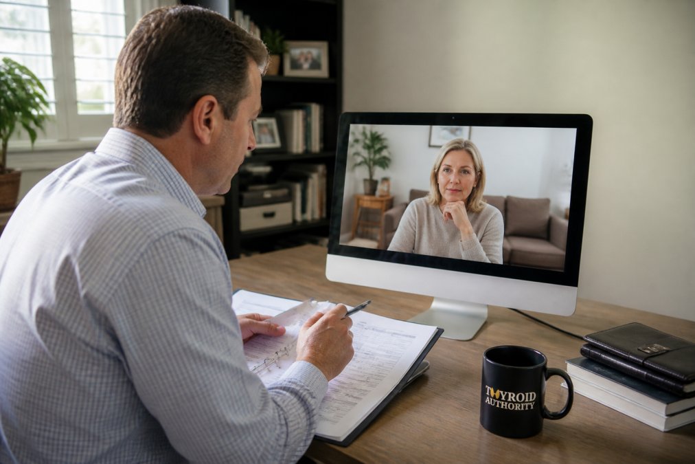 Healthcare professional reviewing lab results and clinical notes with a patient during a virtual consultation on a computer screen in a modern home office setting