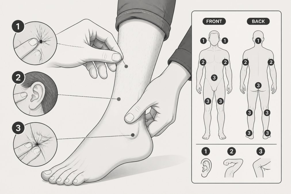 Close-up of hands performing a systematic tick check on lower leg and ankle area, showing proper inspection technique with fingers examining skin in natural daylight
