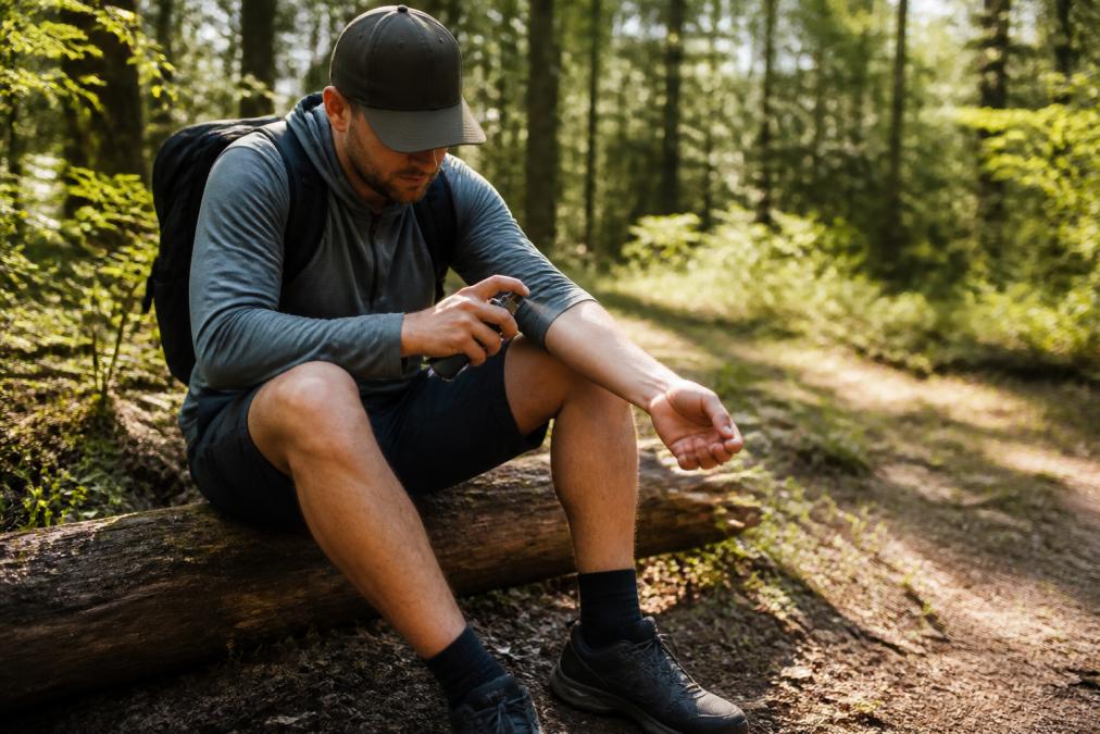 Outdoor enthusiast in hiking gear carefully applying spray repellent to exposed skin on arms and legs in a wooded setting with dappled sunlight