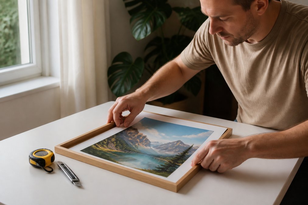 A person's hands carefully positioning a travel poster into a wooden frame on a clean table, with a tape measure and craft knife nearby under bright natural light