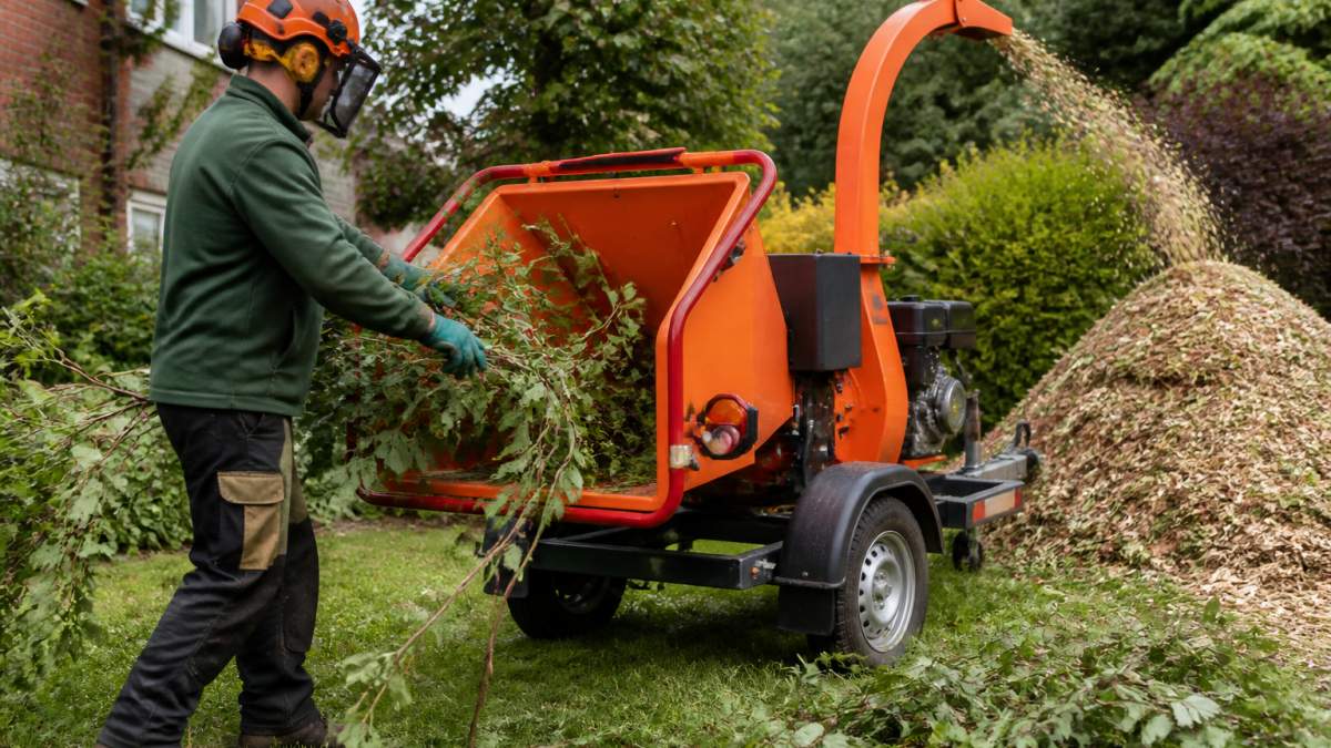 Professional tree surgeon operating a mobile wood chipping machine with branches being fed into the hopper and wood chips being collected in a pile on a residential garden site