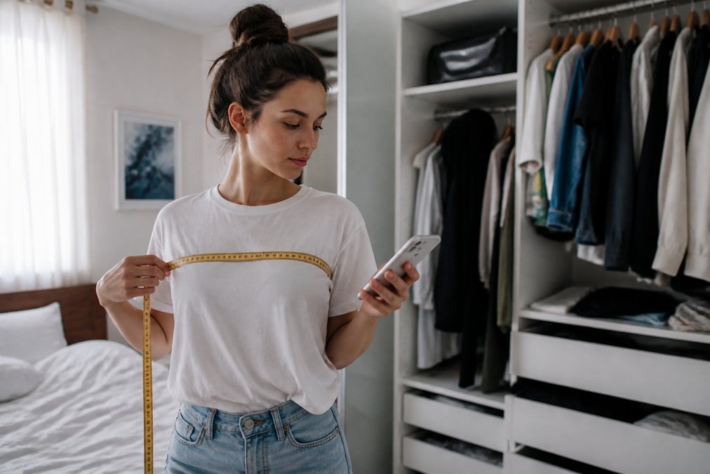 A young woman holding a soft measuring tape across her chest while glancing at a size chart on her phone, standing in a bright bedroom with a closet behind her