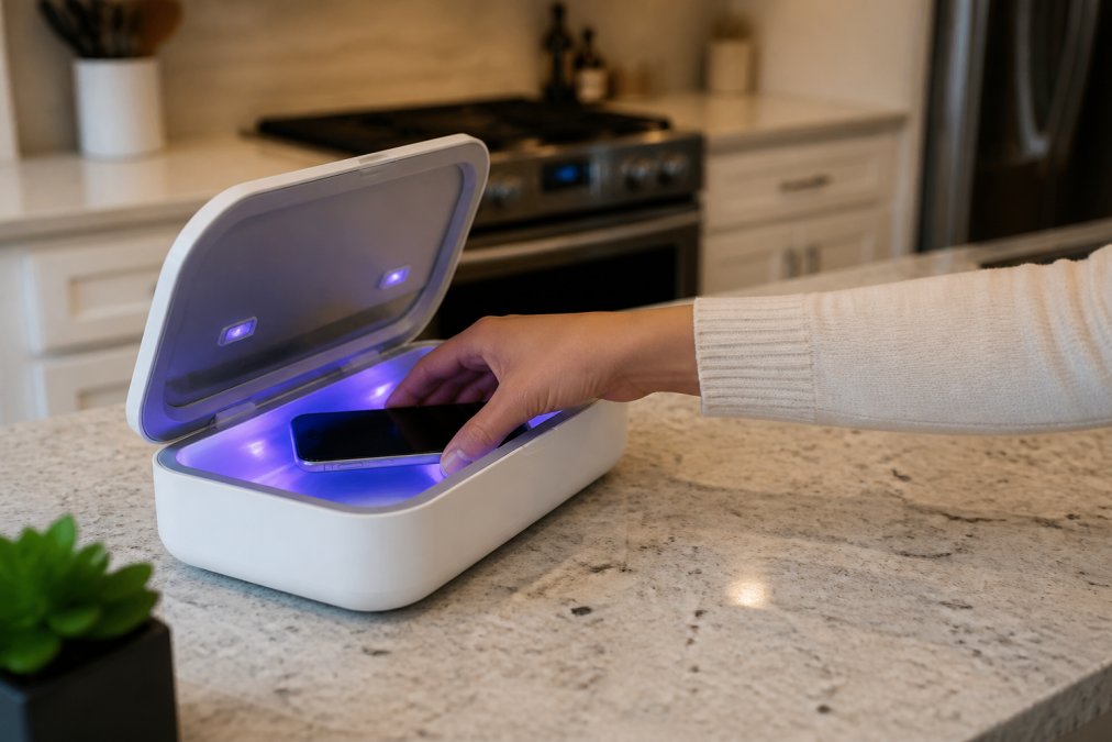 A person placing a smartphone inside a small UV sanitizer box on a kitchen counter, with a soft blue-purple glow visible from inside the device