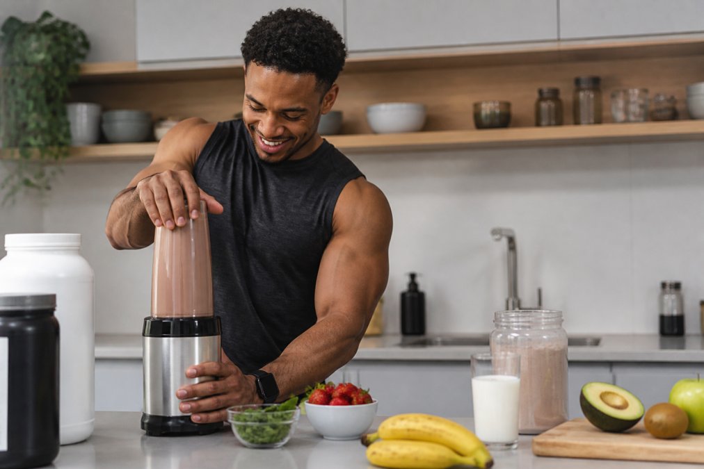 A fit athlete in a bright kitchen blending a chocolate protein shake after a workout, with fresh fruit and supplement containers on the counter