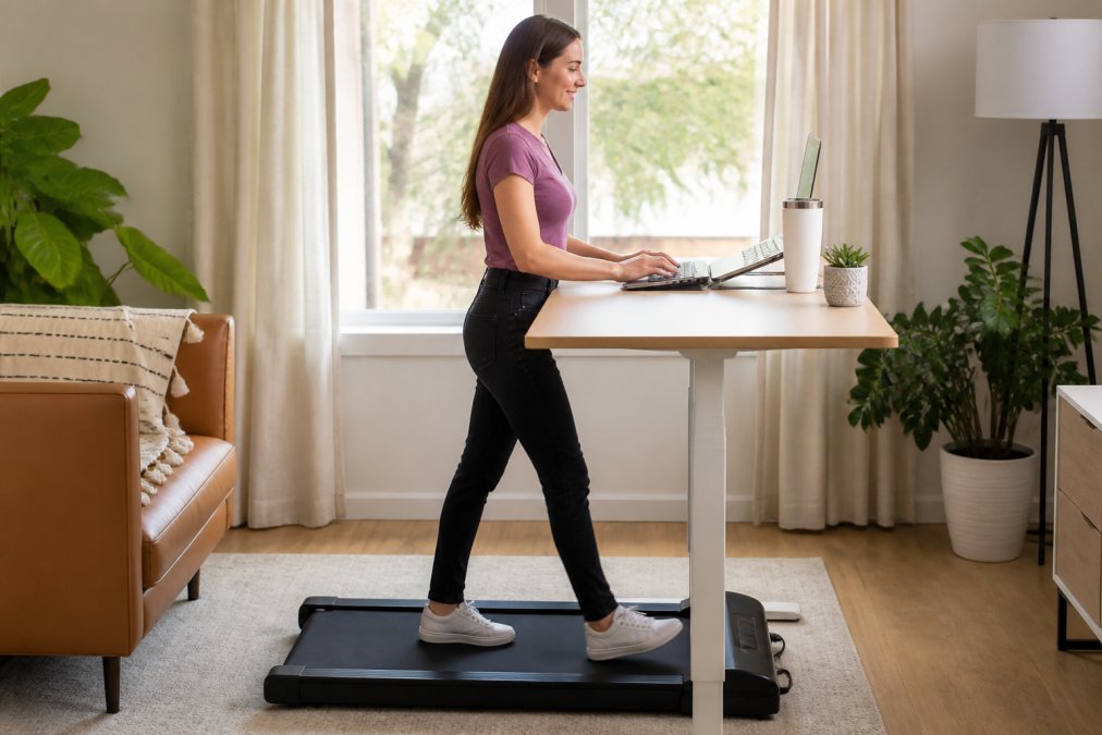 Professional working at a standing desk with a compact walking treadmill underneath, typing on keyboard while walking slowly in a bright home office with natural window light